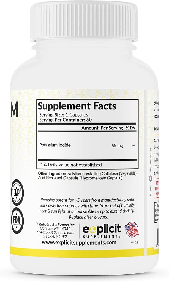 Potassium Iodide 65mg Dose - 60 Servings - Thyroid Support & Defense