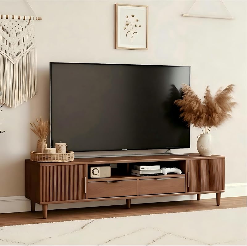 CycleCrew Mid Century Modern TV Stand for TVs Up to 70 in- Wooden Fluted Entertainment Center Low Profile TV Console with 2 Cabinet, Drawers and Shelf, Media Console for Living Room image 6