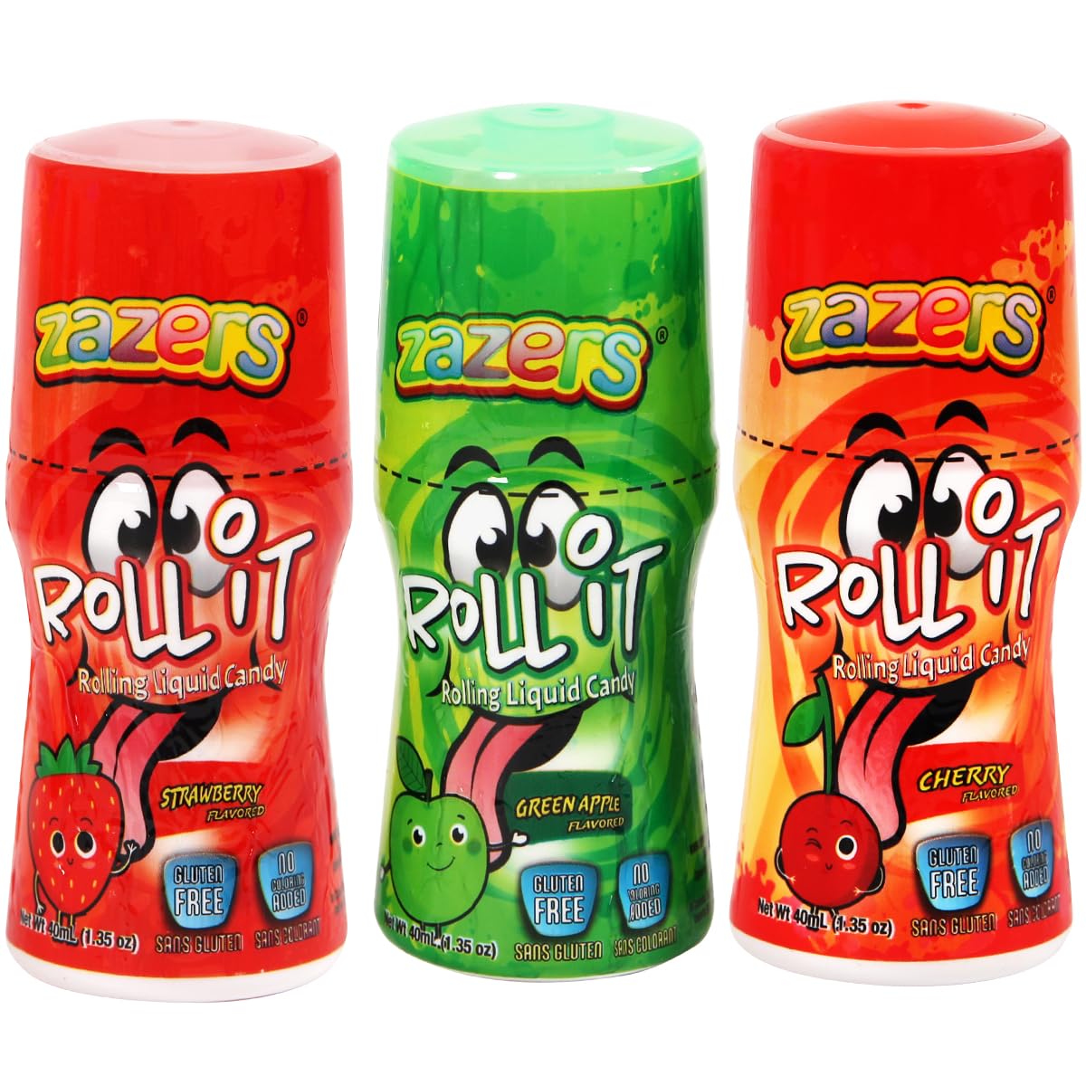 Slime Sour Lickers Candy - Zazers Sour Liquid Candy - Rolling Liquid Candy - 3 Pack of Roll-It Bottles 1 Cherry 1 Green Apple and 1 Strawberry, Gluten-Free and No Coloring Added (Kosher 1.35 OZ. each Bottle)
