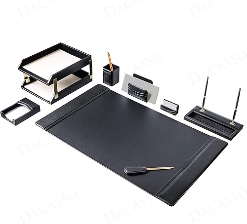 Miniatura 5 de Dacasso Juego clásico de accesorios de escritorio de cuero negro, acento dorado, elementos esenciales de organización de escritorio de 10 piezas con