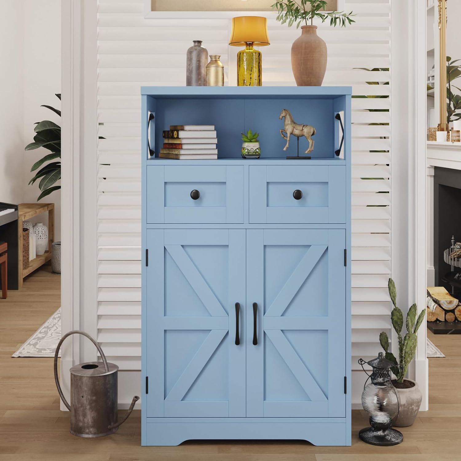 Befrases Farmhouse Light Blue Storage Cabinet with Barn Doors and Drawers, Freestanding Kitchen Pantry Cabinet, Hutch Cupboard for Kitchen, Bathroom, Living Room, Dining Room