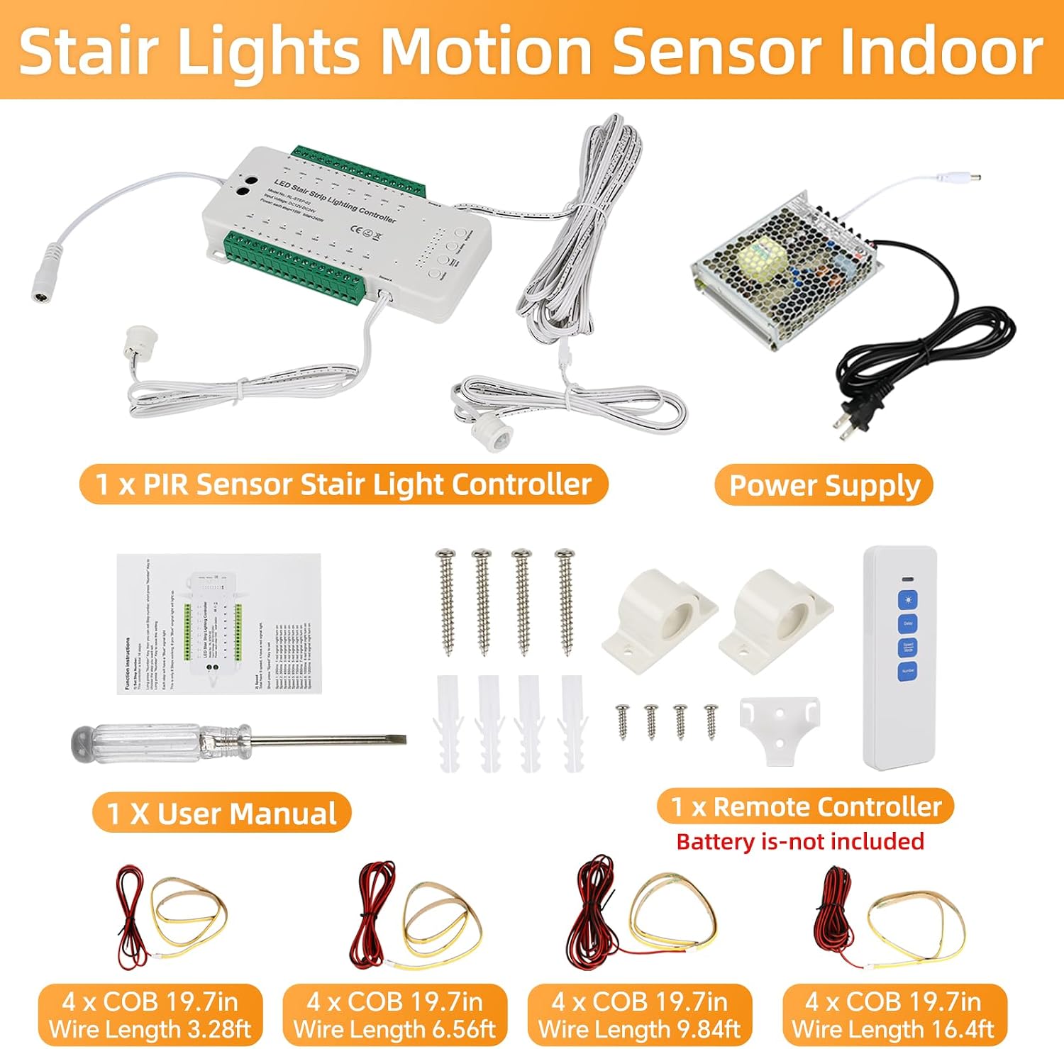 Indoor Motion Sensor Stair Light Controller Wired with 20'' Cuttable COB LED Light Strip Automatic Undermount Stairway Lighting System Cascading Step Light 9 Modes Adjustable for 10-16 Stairs