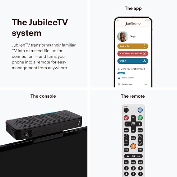 JubileeTV Remote Care System for Seniors Stay Connected Through Their TV | Control TV Remotely from Your Phone | Video Calls, Reminders & Monitoring | Simple Setup + Voice Remote