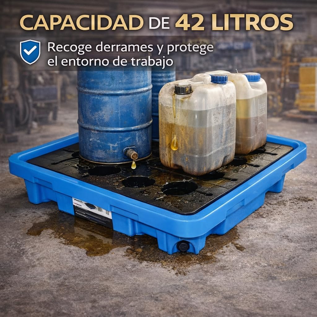 Bandeja Recogegotas 42 litros con Rejilla – Cubeta Antiderrames de Polietileno Resistente a Químicos y UV – Plataforma de Retención para Bidones, Taller, Almacén e Industria – 300 kg Carga