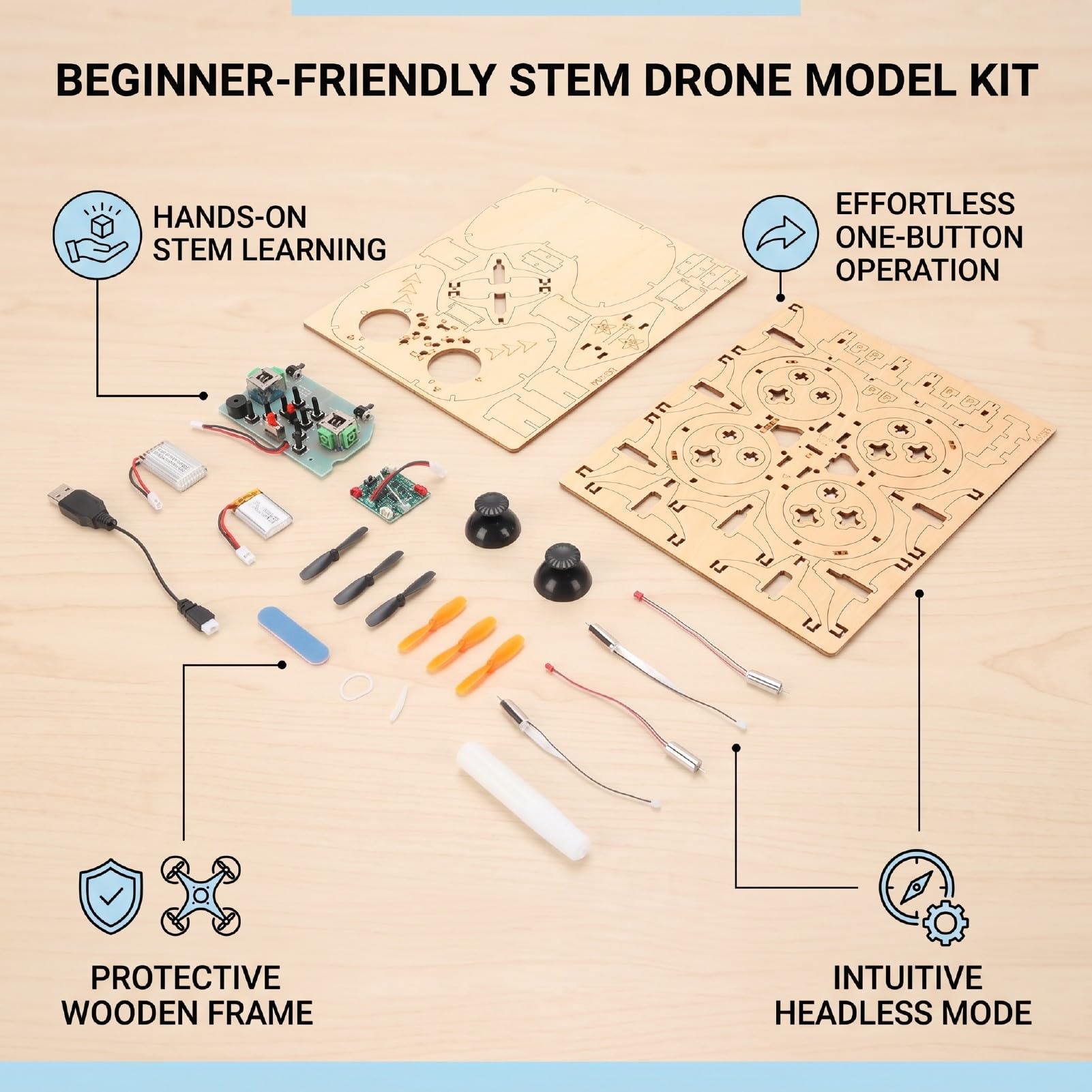 Sxhlseller Kit Modello di Drone RC in Legno per Adolescenti e Adulti, Set di Blocchi di Quadricottero in Legno di Faggio con Telecomando e Apprendimento STEM