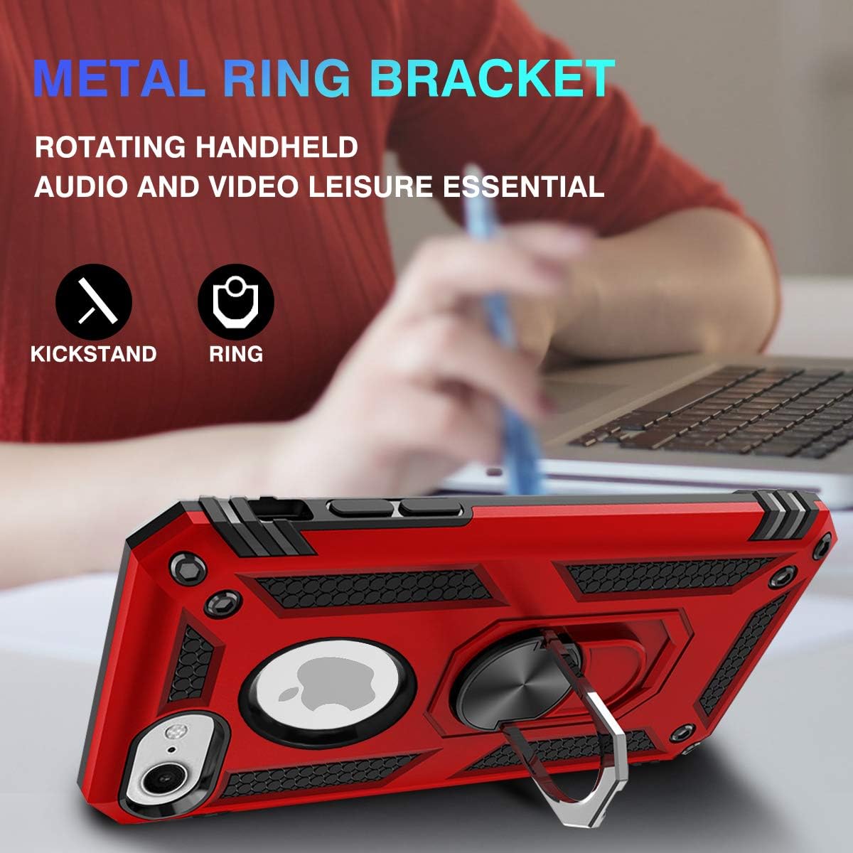 Newseego Compatible with iPhone SE 2020, iPhone7/8 Case,Protective Case with 360 Degree Rotating Metal Ring Holder Kickstand Support Shockproof Hard Cover–Red