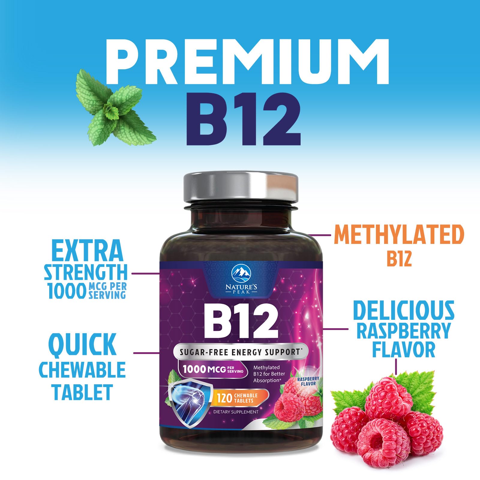 Vitamin B12 Complex (Methylcobalamin) 1000 mcg - 3X Strength B 12 Vitamins Supplement for Cellular Energy Metabolism, Nature's Nervous System Support, Bottled USA, Berry Flavor - 120 Chewable Tablets — Amazon image 6