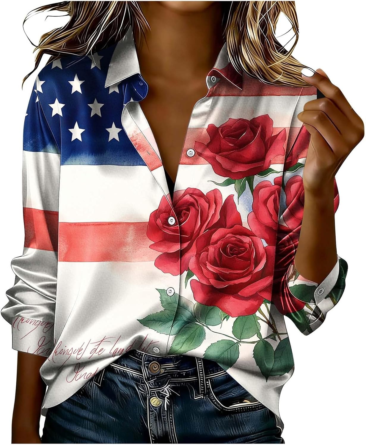 Women's Independence Day Shirt American Flag Floral Print Shirts 4th of July Patriotic Tops Satin Button Down Blouse