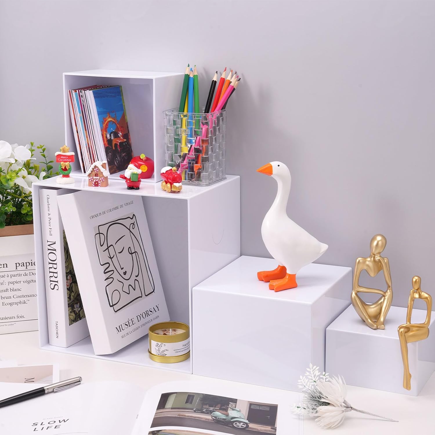 6PCS Buffet Risers, White Acrylic Food Display Boxes for Buffet Table, Party or Dessert, Cube Riser Stand for Catering, Jewelry, Collectibles, Stackable Nesting Sizes 10", 9",8", 7", 6", 5" (large)