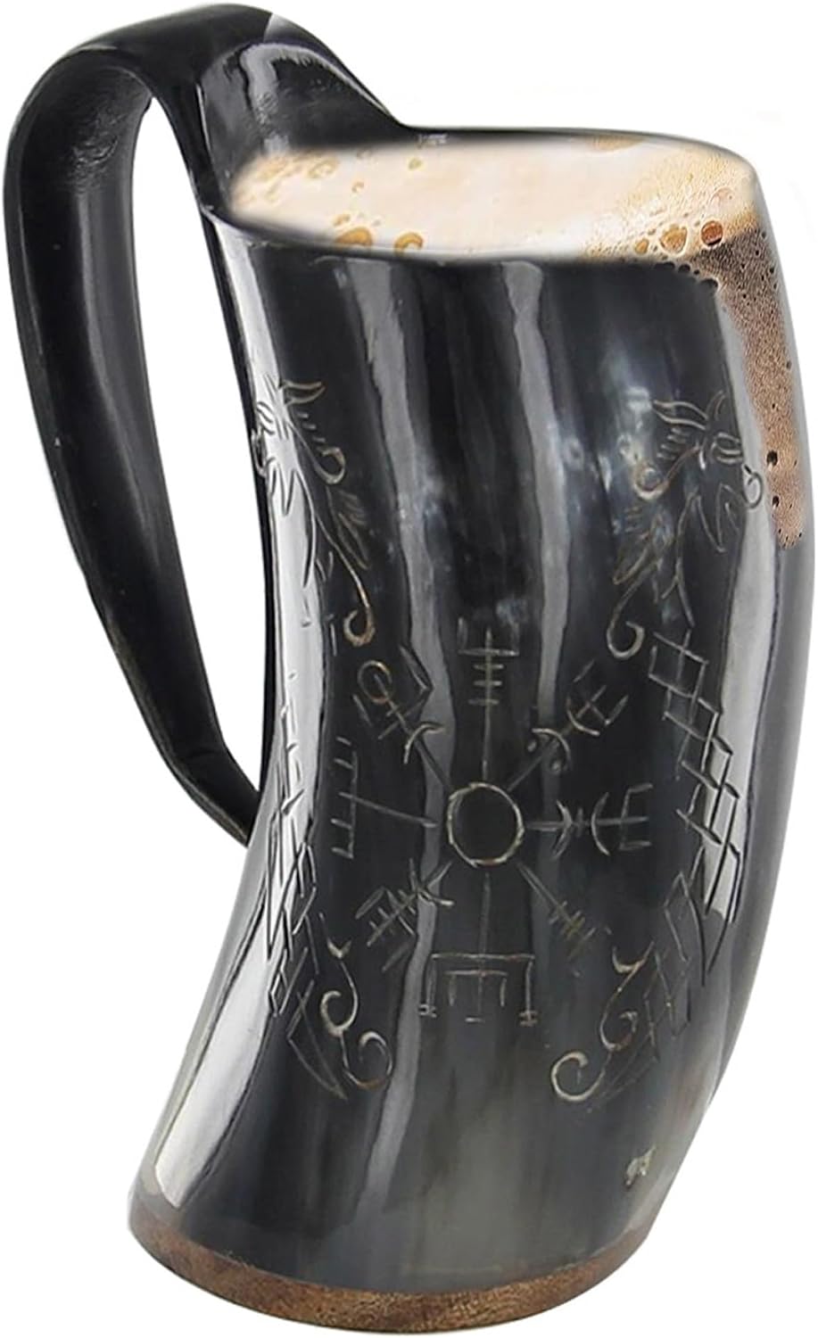 Armory Replica™ Norse Viking Icelandic Vegvisir Jormungandr Drinking Horn Mug – 100% Natural Buffalo Horn, Hand-Carved, Food Safe, Polished Finish, Flat Wooden Base, 10-12 Inches