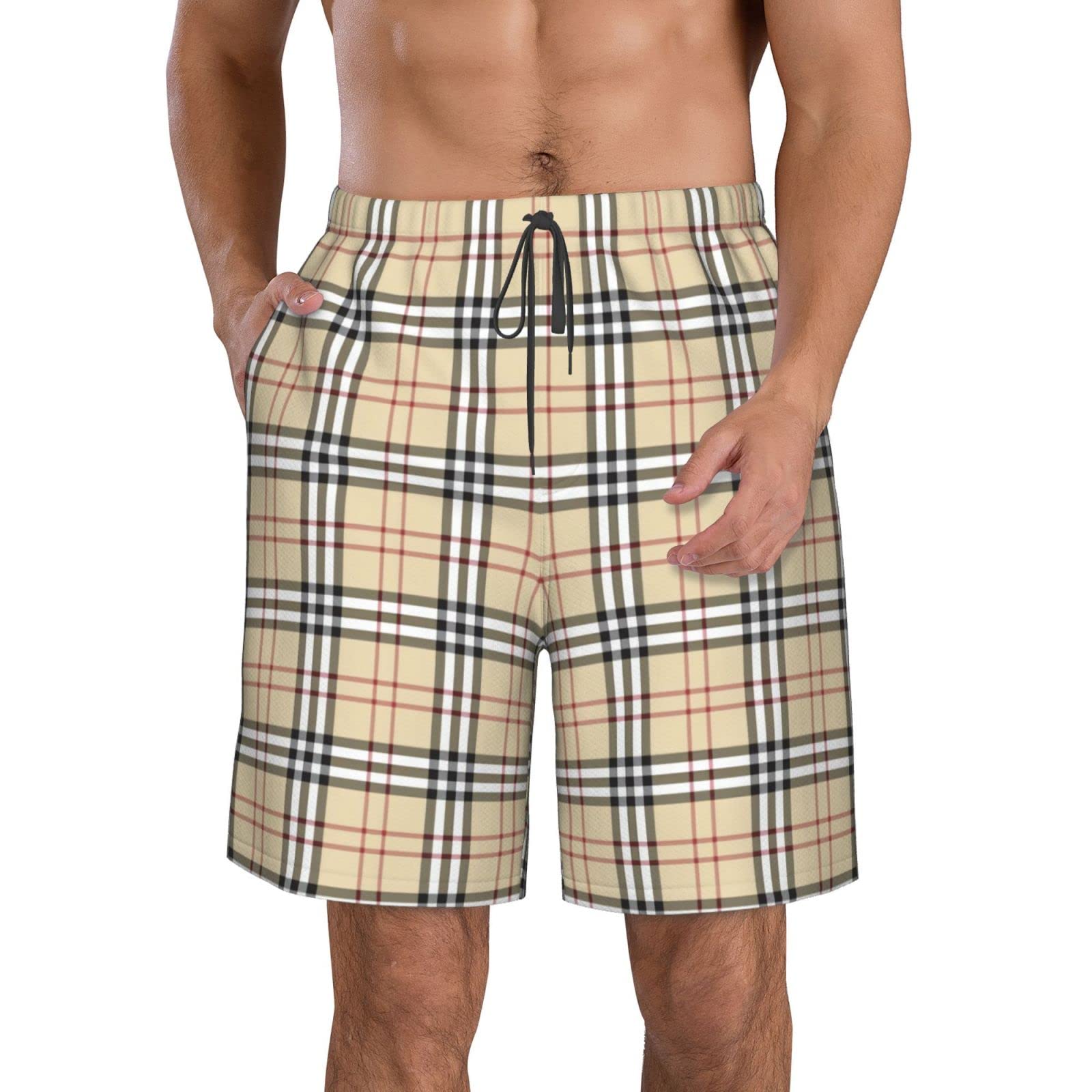 JUZGTSIT Men's 3D Swimming Beach Shorts Classic Plaid Tartan Autumn Outdoor Quick Drying Shorts White