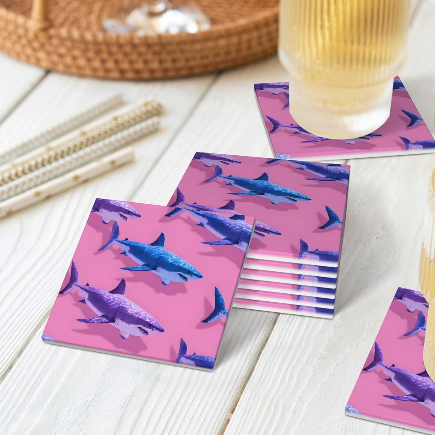 (Sharks) Ceramic Coasters Set of 6 with Holder Non-Slip Square Coffee Coasters for for Cup Mug Drink Patio Coffee Table Decor, Christmas Coasters Home Bar Supplies