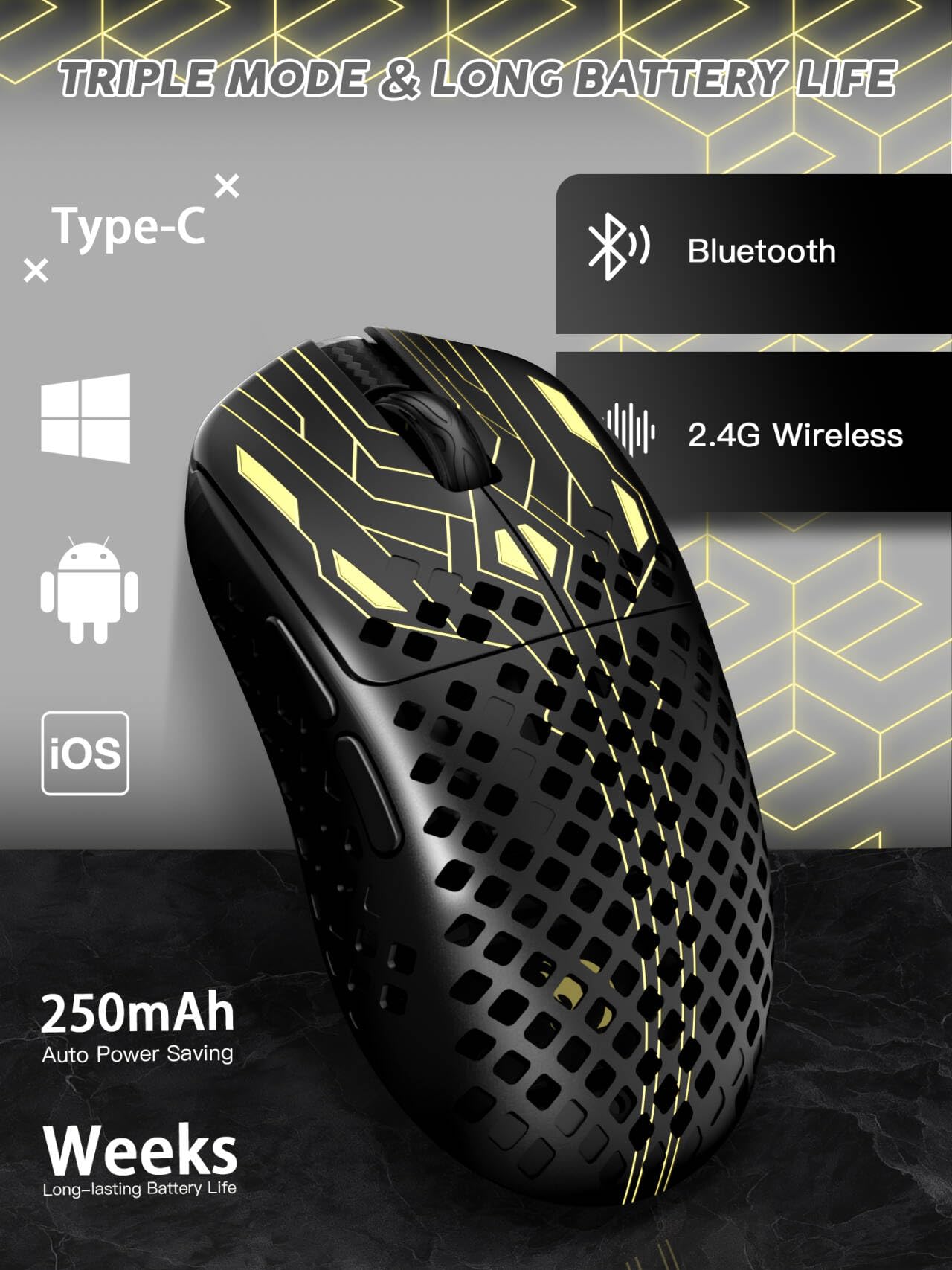 MAMBASNAKE M2 Ultra-Lightweight Wireless Gaming Mouse, PAW3395PRO Sensor 40000 DPI, 41g Carbon Fiber, Mouse Coiled Cable, Tri-Mode 2.4G/Bluetooth/Wired, 100M Clicks, Cloud Driver, Ergonomic Design - 4