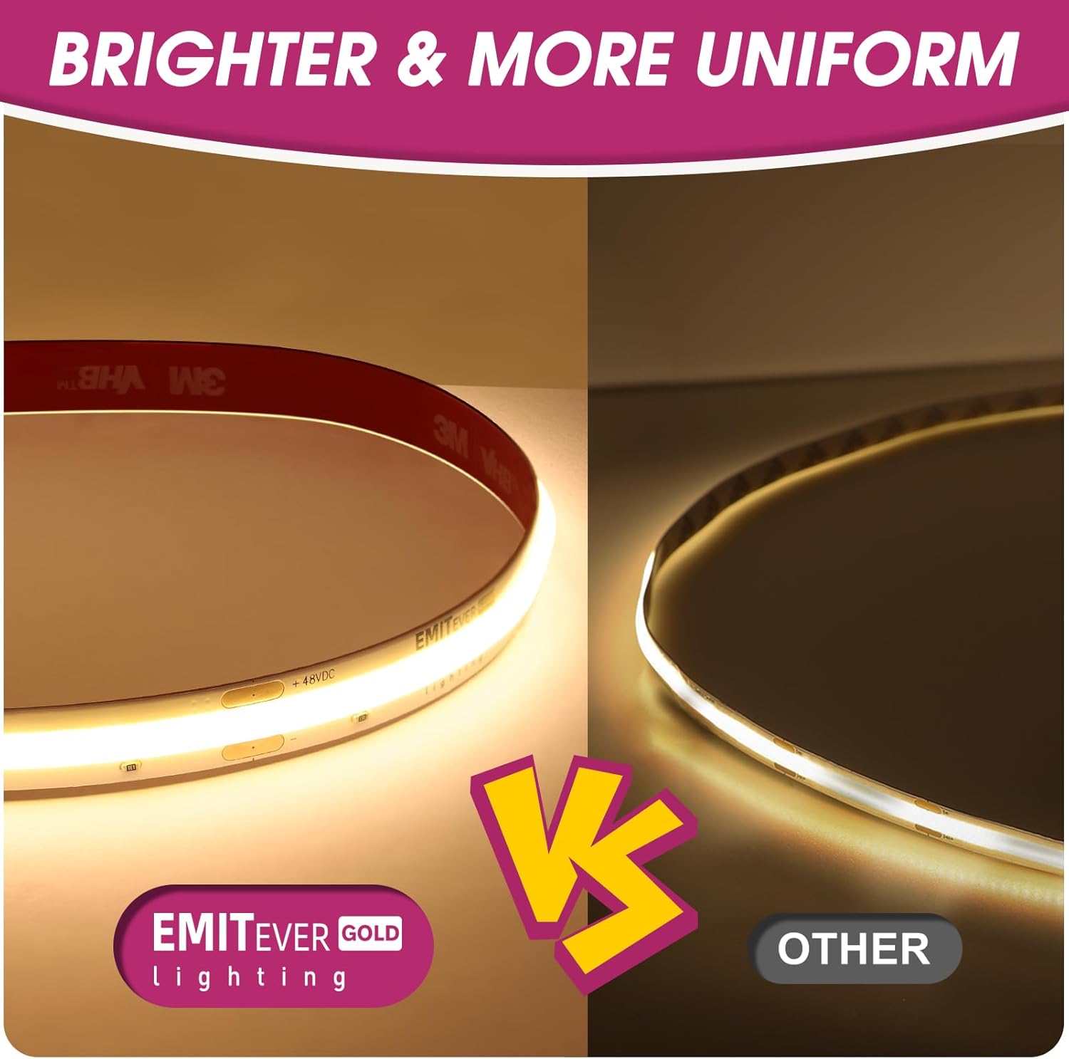EMITEVER 48V DC COB LED Strip Light Warm White, 3000K 32.8ft High Density Tape Light, Dimmable Rope Light for Bedroom,Kitchen,Cabinet, 300Lm/ft, 4500LEDs, Ra 90+, UL Listed(Power Supply Not Included)