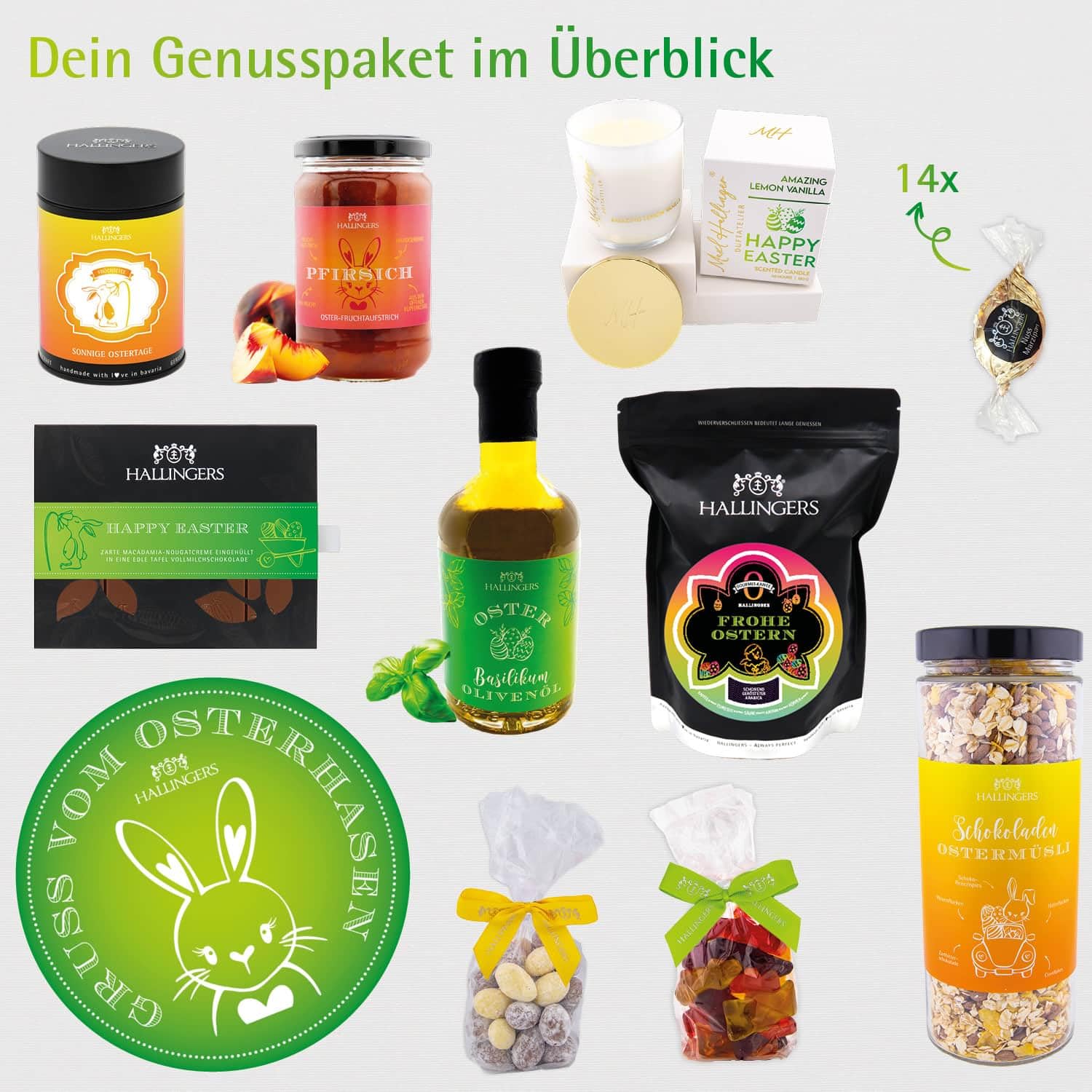 Hallingers Genuss Manufaktur Feinkost Oster-Geschenk-Set - XXL-Geschenkkorb "Gruß vom Osterh..." großer Ostergruß Ostereier, Müsli, Kaffee, Konfitüre, Olivenöl & mehr, Ostern Körbchen für Frauen