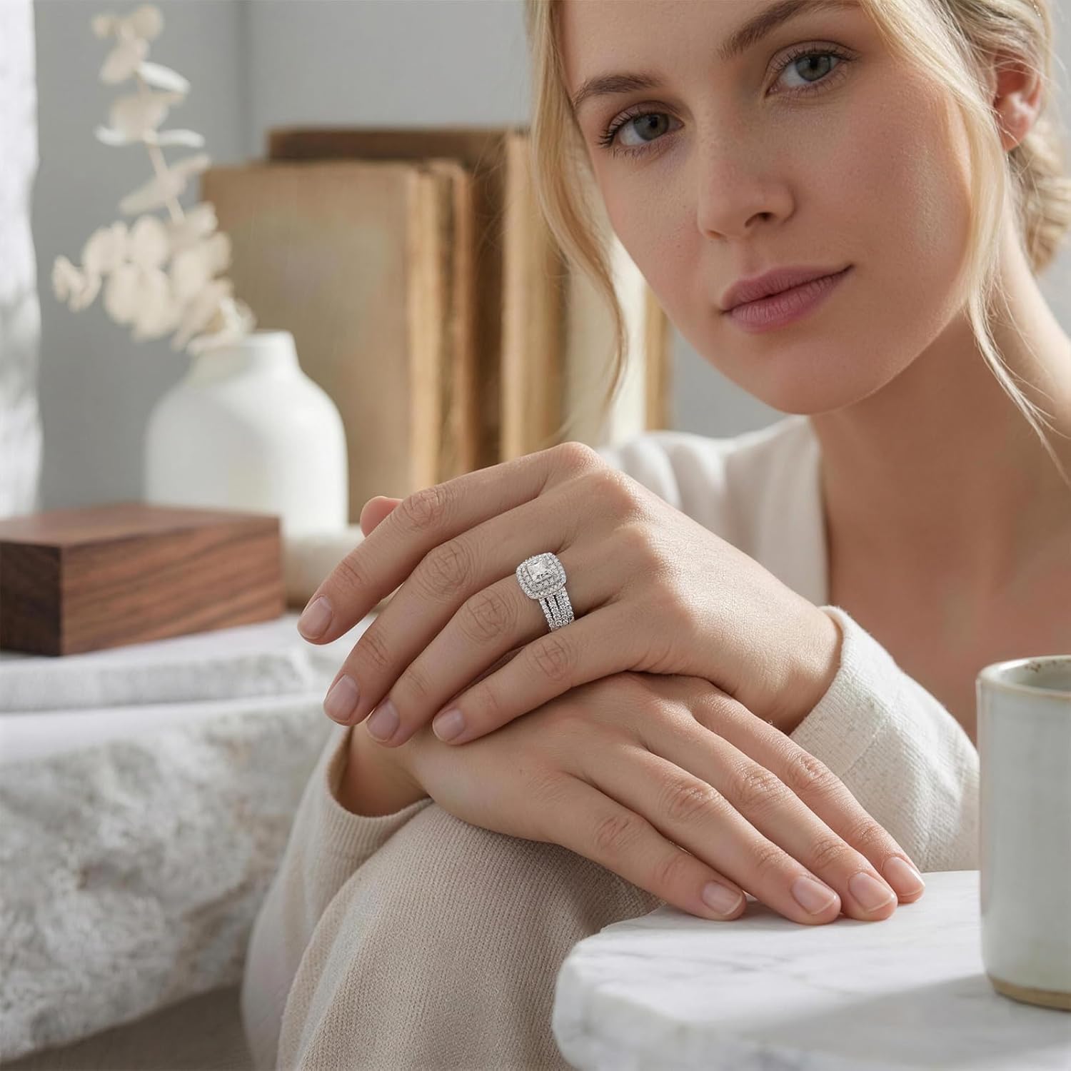 Newshe Jewellery Moissanite Wedding Rings for Women Engagement Ring Sets Sterling Silver Bridal Promise Princess Cross Anniversary Band Size 4-13
