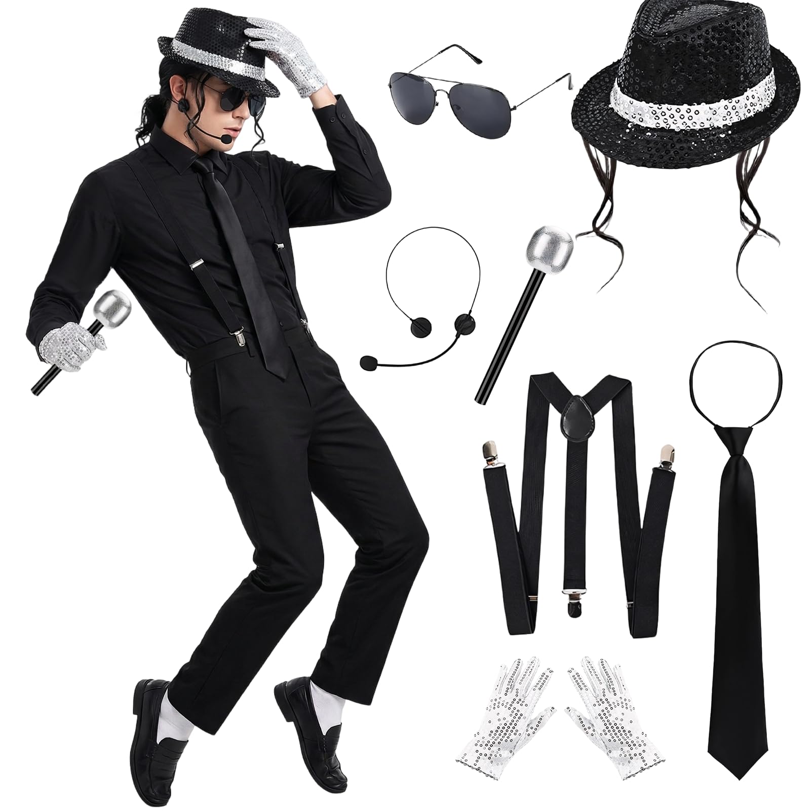 Suffolly 7 Pieces King Of Pop Musician 80s Set for Men (Black)