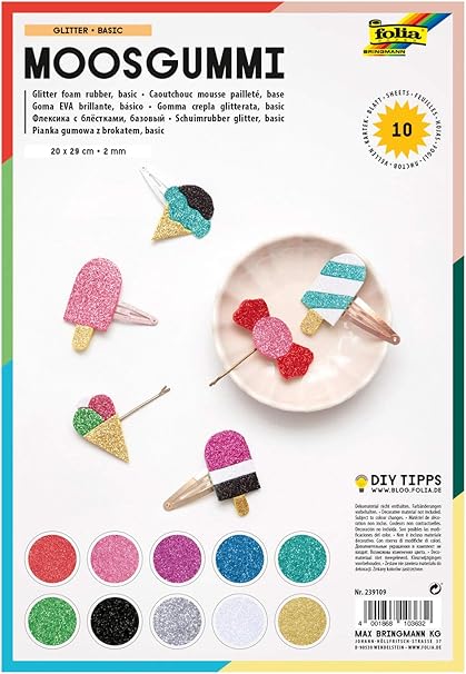 folia 239109 – Moosgummi Glitter, 2 mm, ca. 20 x 29 cm, 10 Bögen, sortiert in 10 Glitzerfarben, nicht selbstklebend – ideal für vielseitige Bastelarbeiten