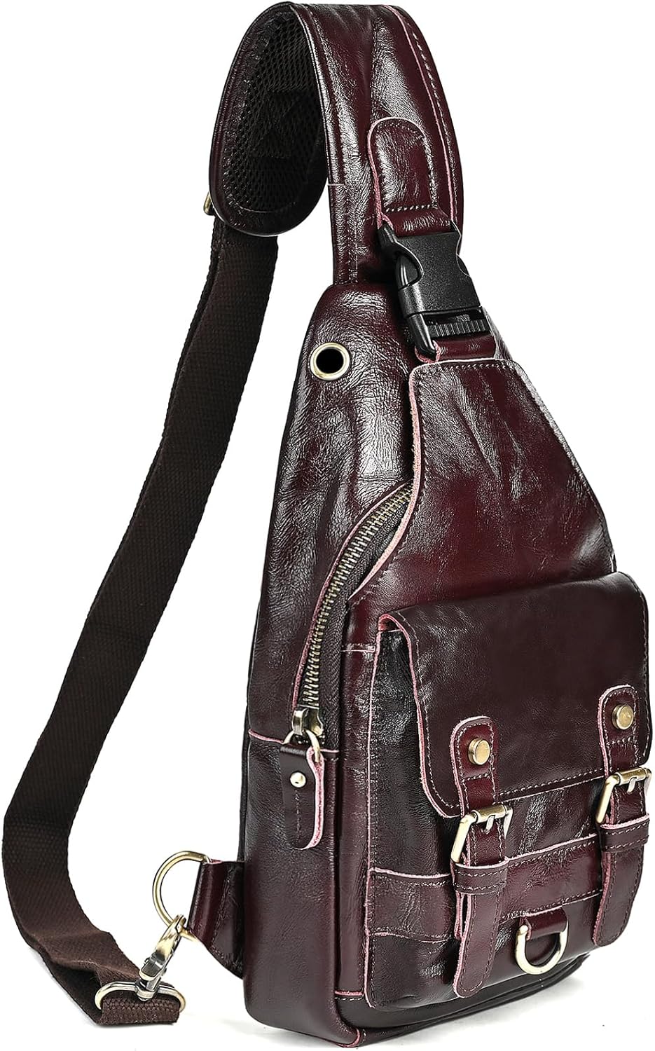 Thick Crazy horse Leather Triangle Crossbody Sling Chest Bag Travel One Shoulder Bag Daypack For Men Male 3028