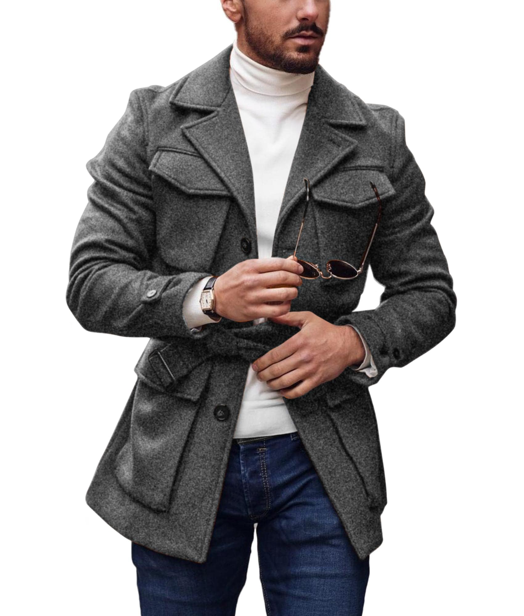 Pretifeel Mens Trench Coat Slim Fit Wool Blends Business Lapel Belted Overcoat Winter Casual Peacoat Jacket