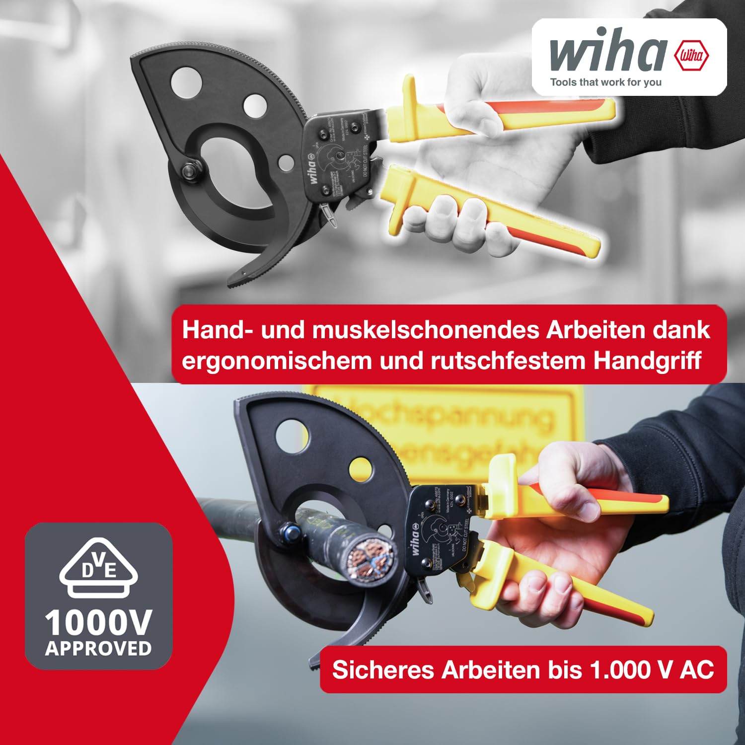 Wiha Kabelschneider bis 500 mm² I Ratschenkabelschneider für Cu- und AI-Kabel I Kabelschere mit Ratschenprinzip I Ratschenschneider für Aluminium- und Kupferkabel