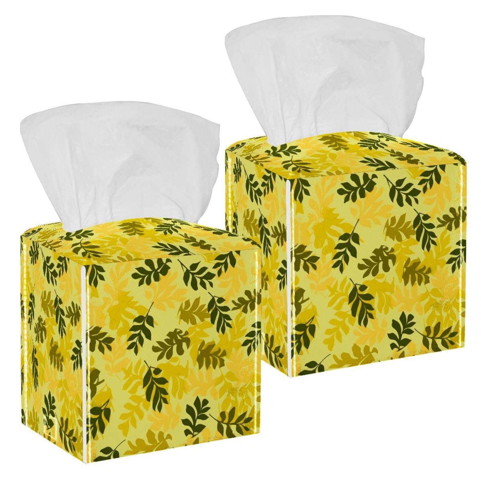 Artistic Leaves Tissue Box Cover, 2 Pack PU Leather Square Facial Tissue Dispenser Box holder for Home Office Car