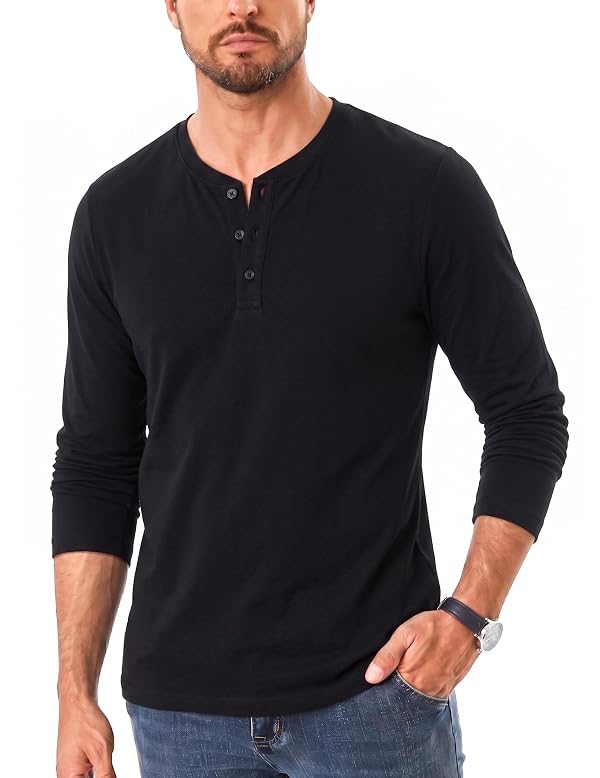 ASYJUMPD Long Sleeve T Shirt Men 3‑Button Stretch Pullover Black M by ASYJUMPD - Used condition - Image 2