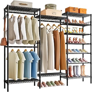 Garment Rack, Heavy Duty Clothes Rack Hanger Stand for Clothes, Freestanding Clothing Rack, Durable Closet Organizer Storage, Expandable Metal Wardrobe Rack for Bedroom, Living Room (Black)