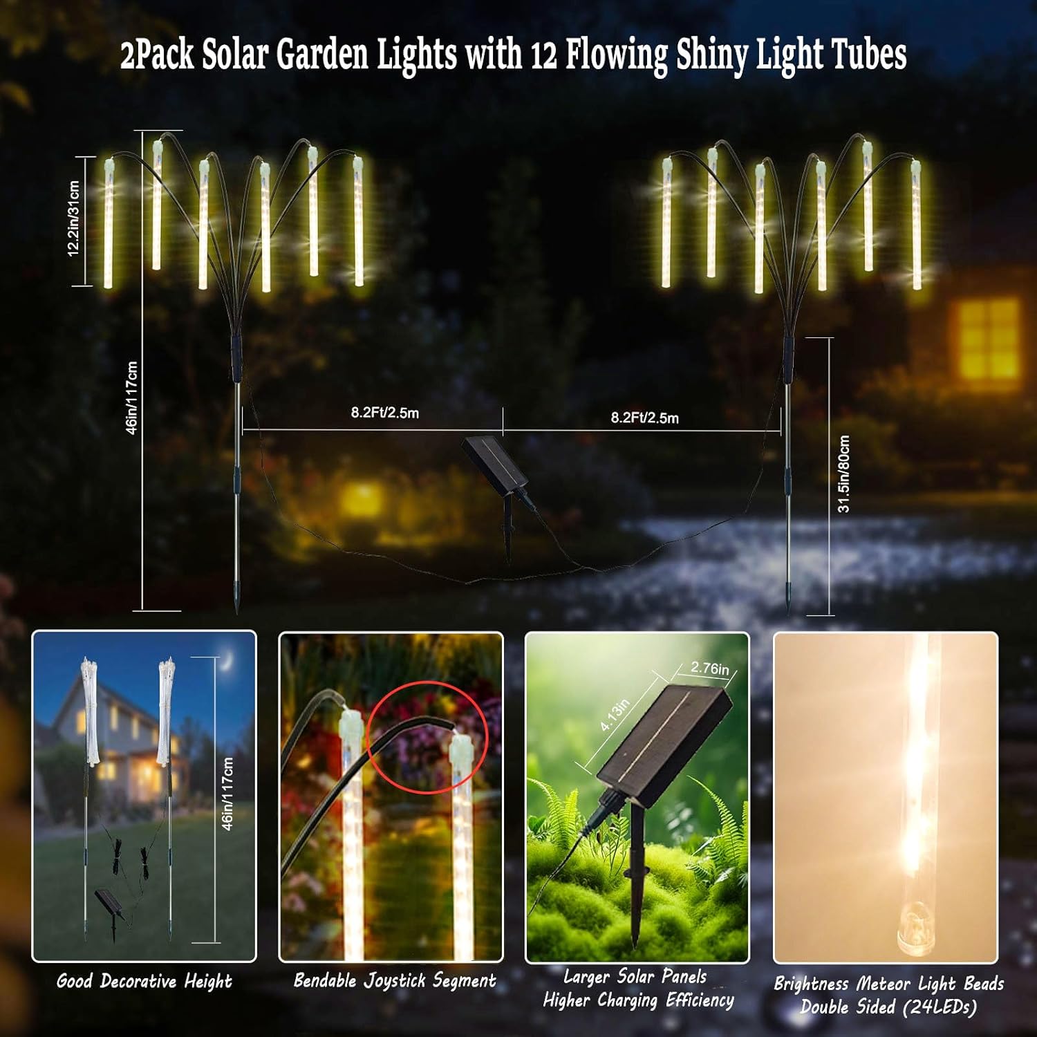 Garden Decor Outdoor Solar Meteor Shower Lights 2Pack 288LED,46" Whimsical Solar Garden Lights with 12 Brighter Tubes,Solar Twinkle Lights Outside for Garden Yard Path Porch Patio Lawn Decor