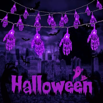 JMEXSUSS Purple Halloween String Lights,15.2ft 30 LEDs Skeleton Hand Purple Lights Battery Operated, Halloween Lights Indoor & Outdoor for Party Decor Home