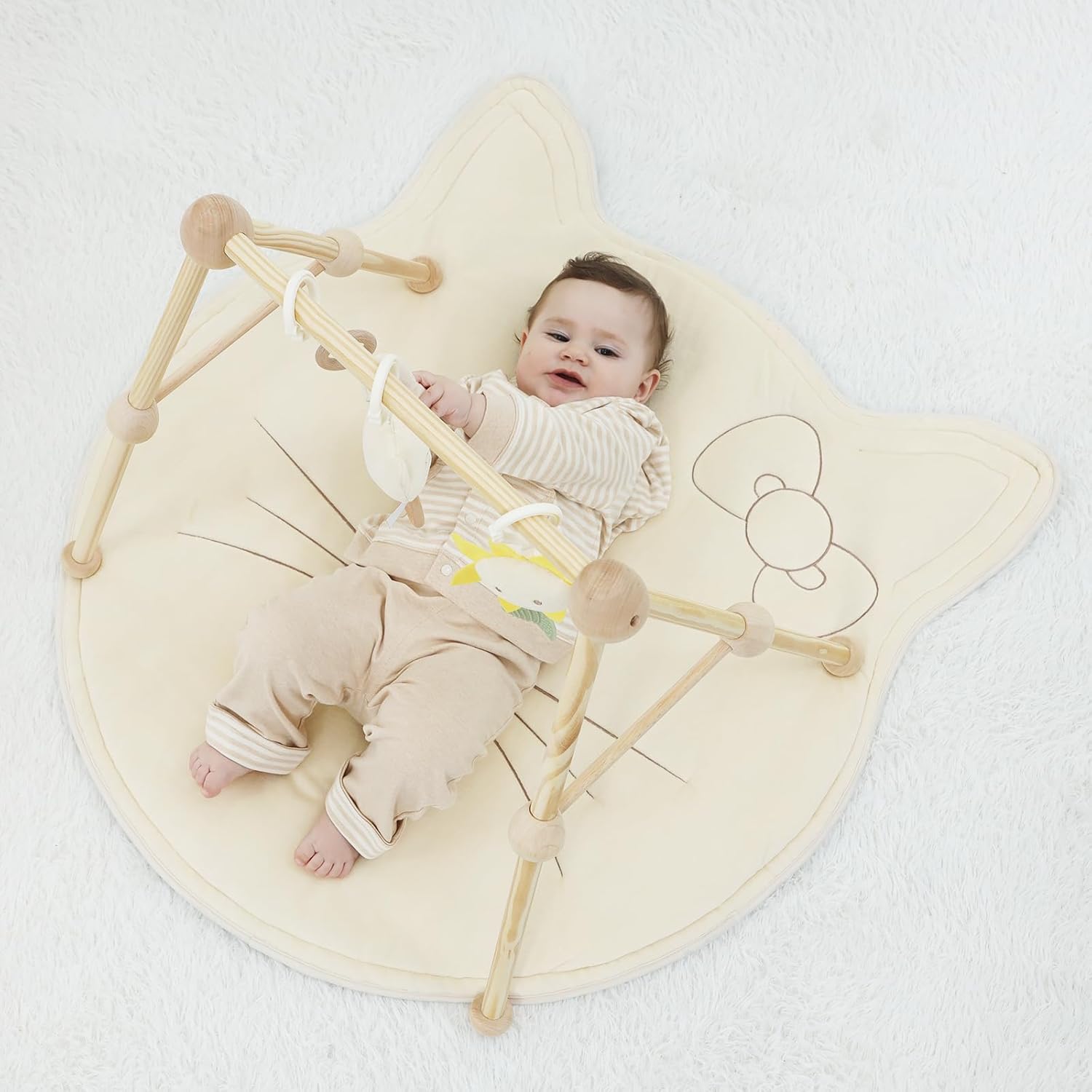 4-in-1 Wooden Baby Play Gym & Activity Mat, Soft Cotton Tummy Time Mat for Babies 0+,with 3 Detachable Toys for Sensory & Motor Skill Development,Newborn Infant Baby Essentials Gift,Kitten