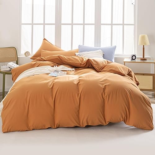 Funda de edredón naranja quemado, tamaño Queen, 100% algodón lavado con textura similar al lino para todas las estaciones, juego de ropa de cama