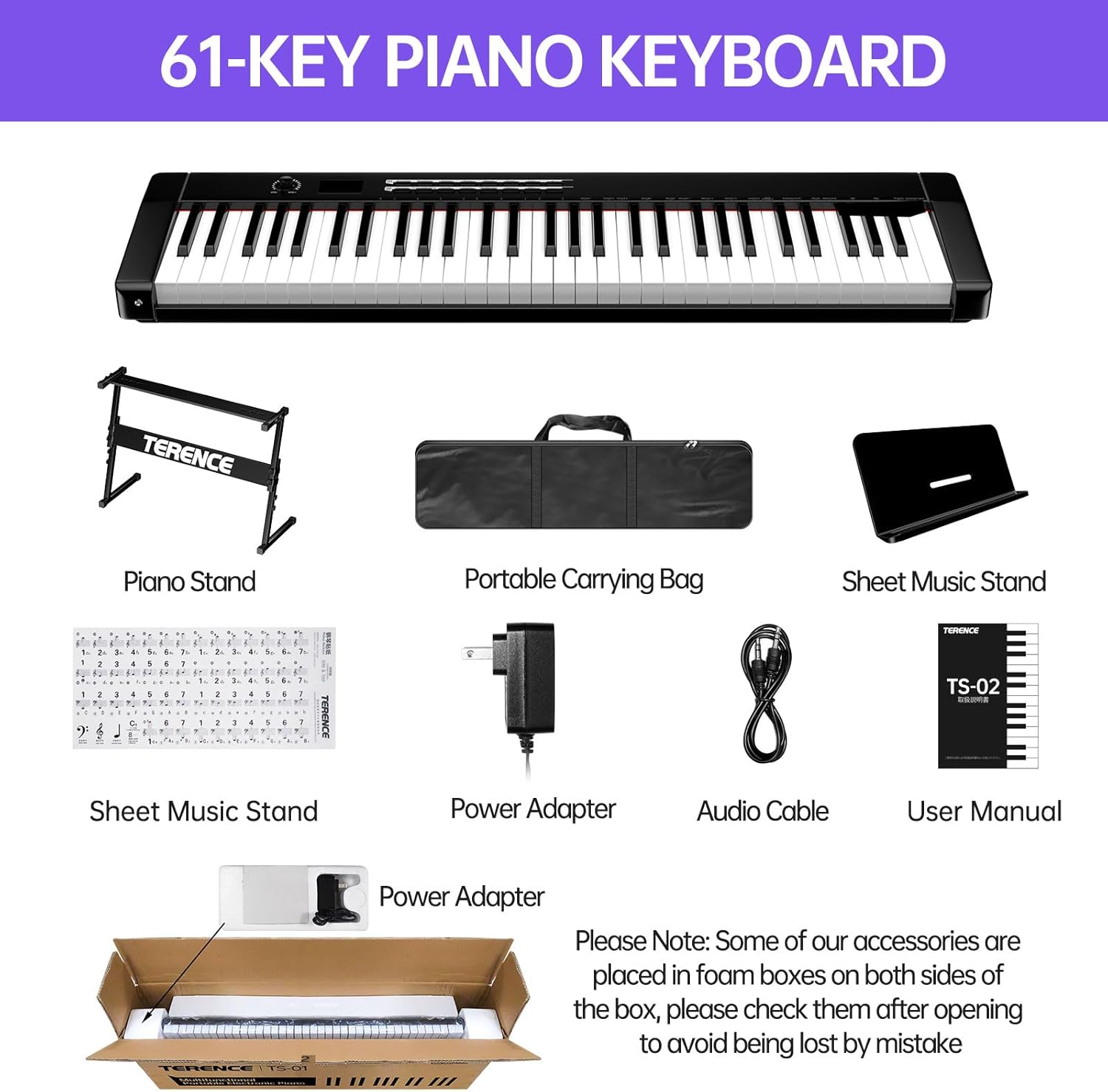 TERENCE TS-02 61-Key Electronic Digital Piano and included accessories