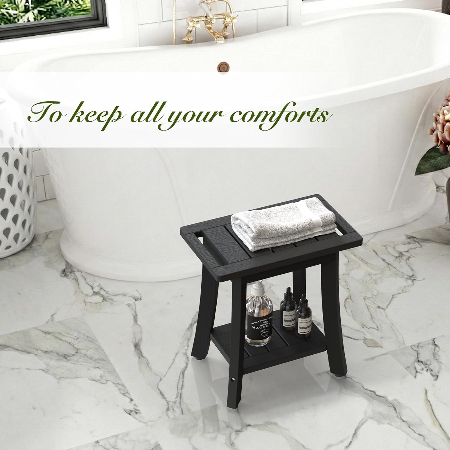 HIPS Shower Bench Inside Shower Stool with Storage Shelf, Waterproof Spa Bath Chair for Bathroom, Seat or Organizer for Living Room, Bedroom - Great for All Ages Unisex Elderly (Small, Black)