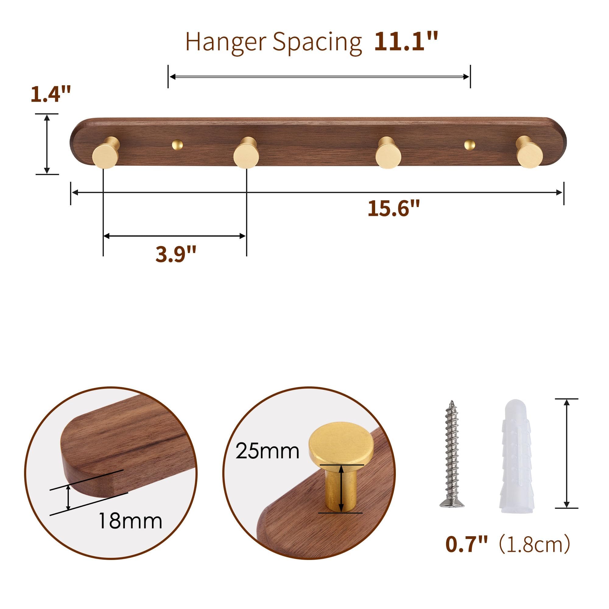 4 Haken Wandgarderobe mit Gold Zinklegierung Garderobenhaken Walnuss Holzsockel für Badezimmer Küche Garderobenbügel Rundhaken 4 Haken