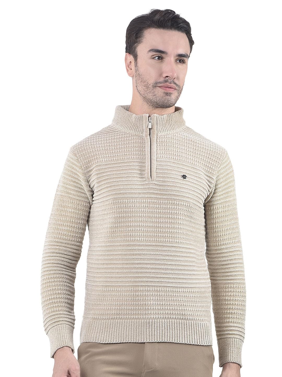 crimsoune club Men's Beige Jacquard High Neck Sweater-picture-13