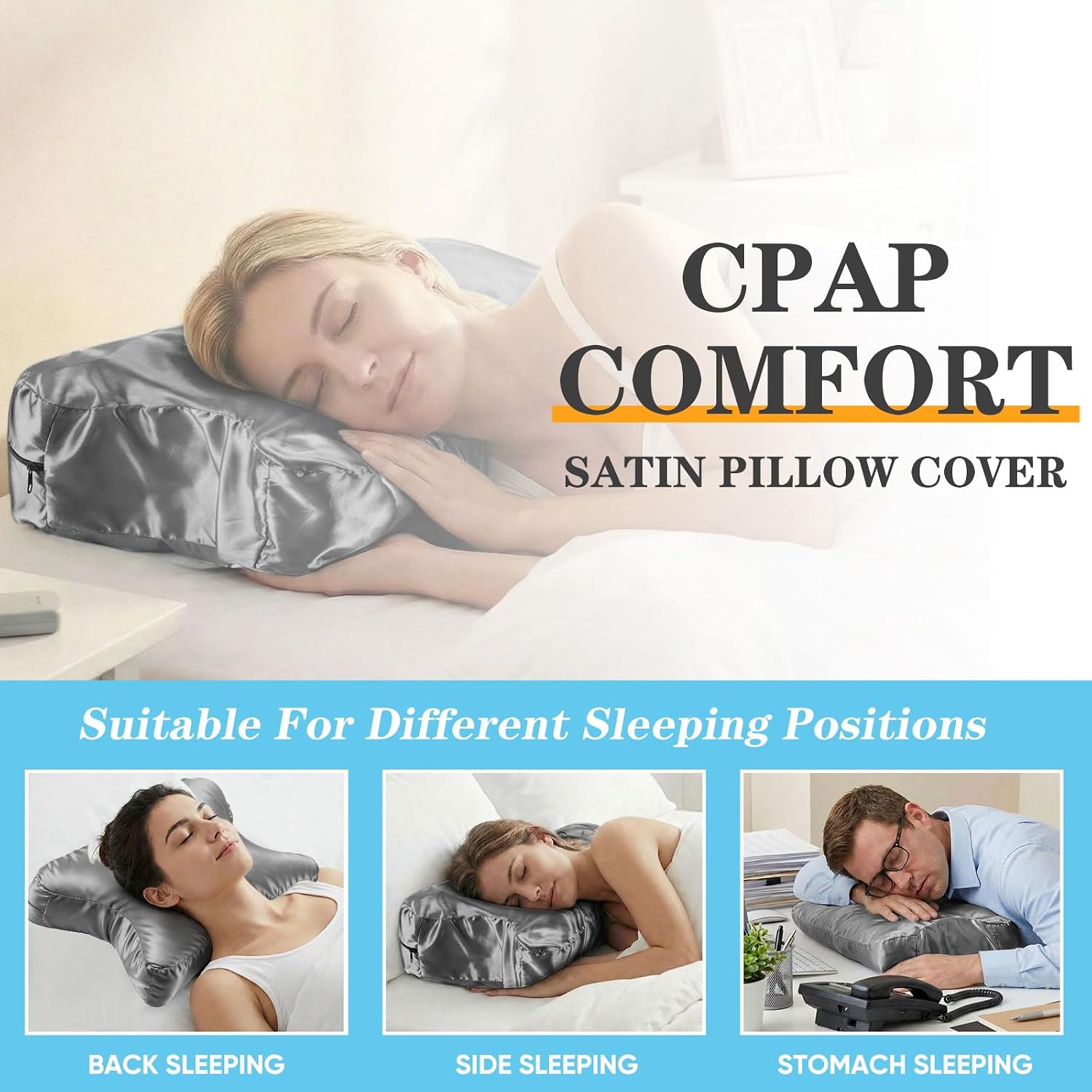 HunnmingRe Satin CPAP Pillow Cover for Side Sleeping (Only Pillowcase) Cervical Pillow Cover Adjustable Cpap Satin Neck Pillowcase to Reduce Air Leaks Dryness Mask Discomfort(Dark Gray)