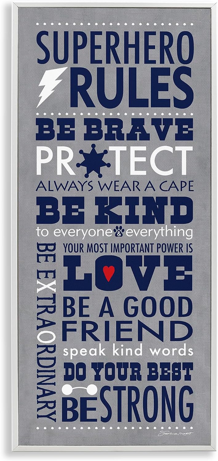 Stupell Industries Grey and Navy Superhero Rules Typography, Design by Stephanie Workman Marrott White Framed Wall Art, 10 x 24