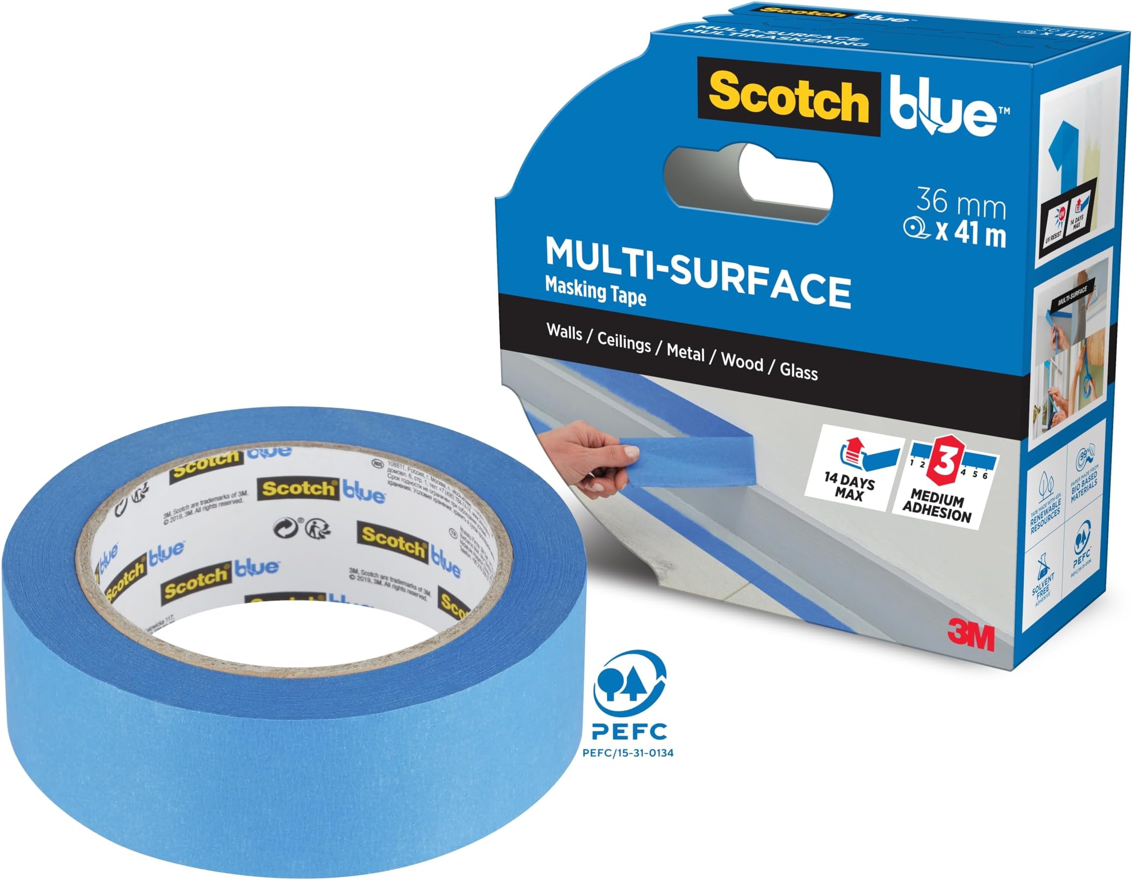 Multi-Surface Premium Masking Tape, 36 mm x 41 m, 1 Roll/Pack - Scotch Adhesive Blue Painters Tape, For Painting and Decorating, Indoor & Outdoor, Sticks Well, 100% PEFC