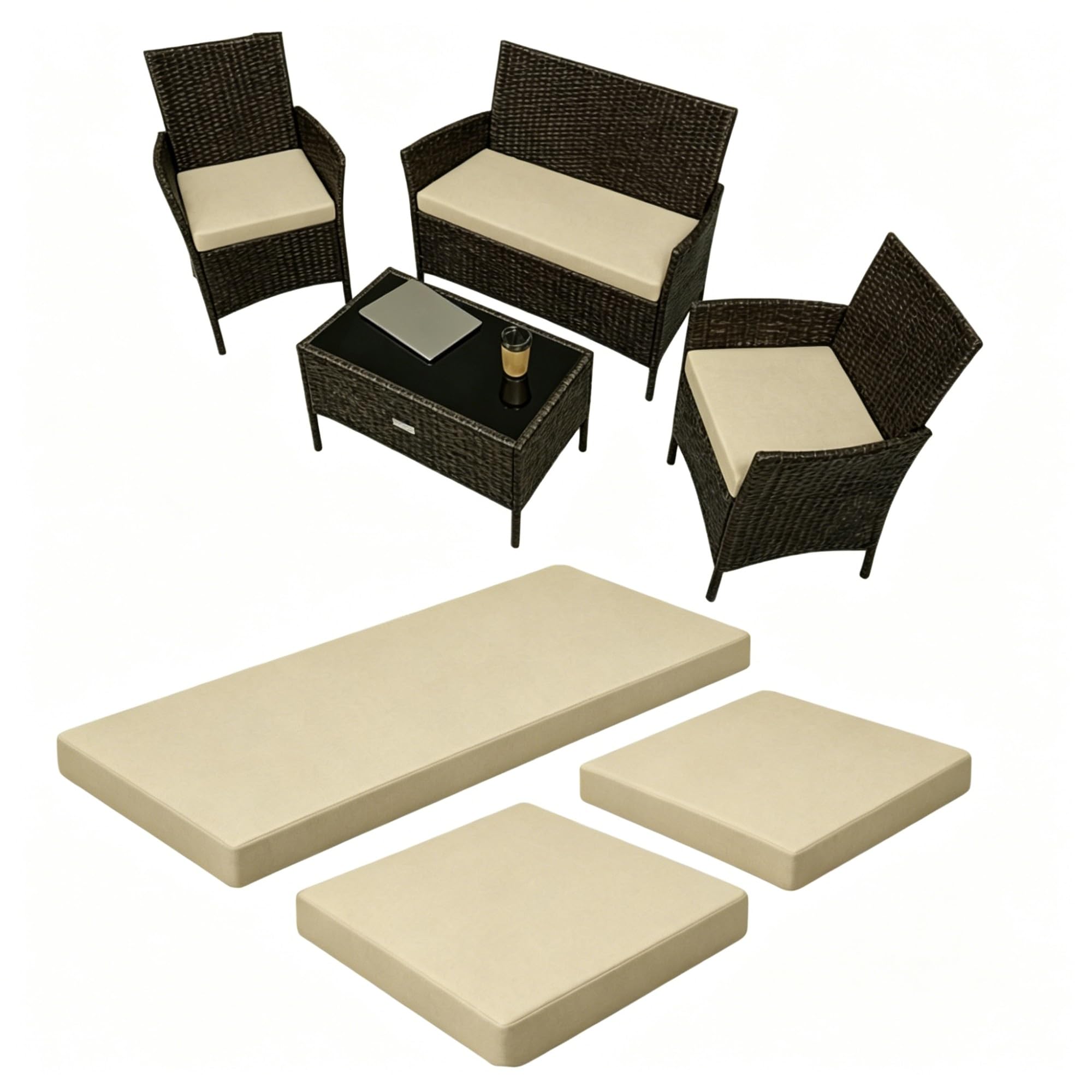 Set Di 3 Cuscini Da Esterno Sfoderabili E Impermeabili Per Salottino In Rattan Alto 5 Cm Cotone/Poliestere Made In Italy Per Divani E Sedie Da Giardino Terrazza Interno Ed Esterno(Beige)