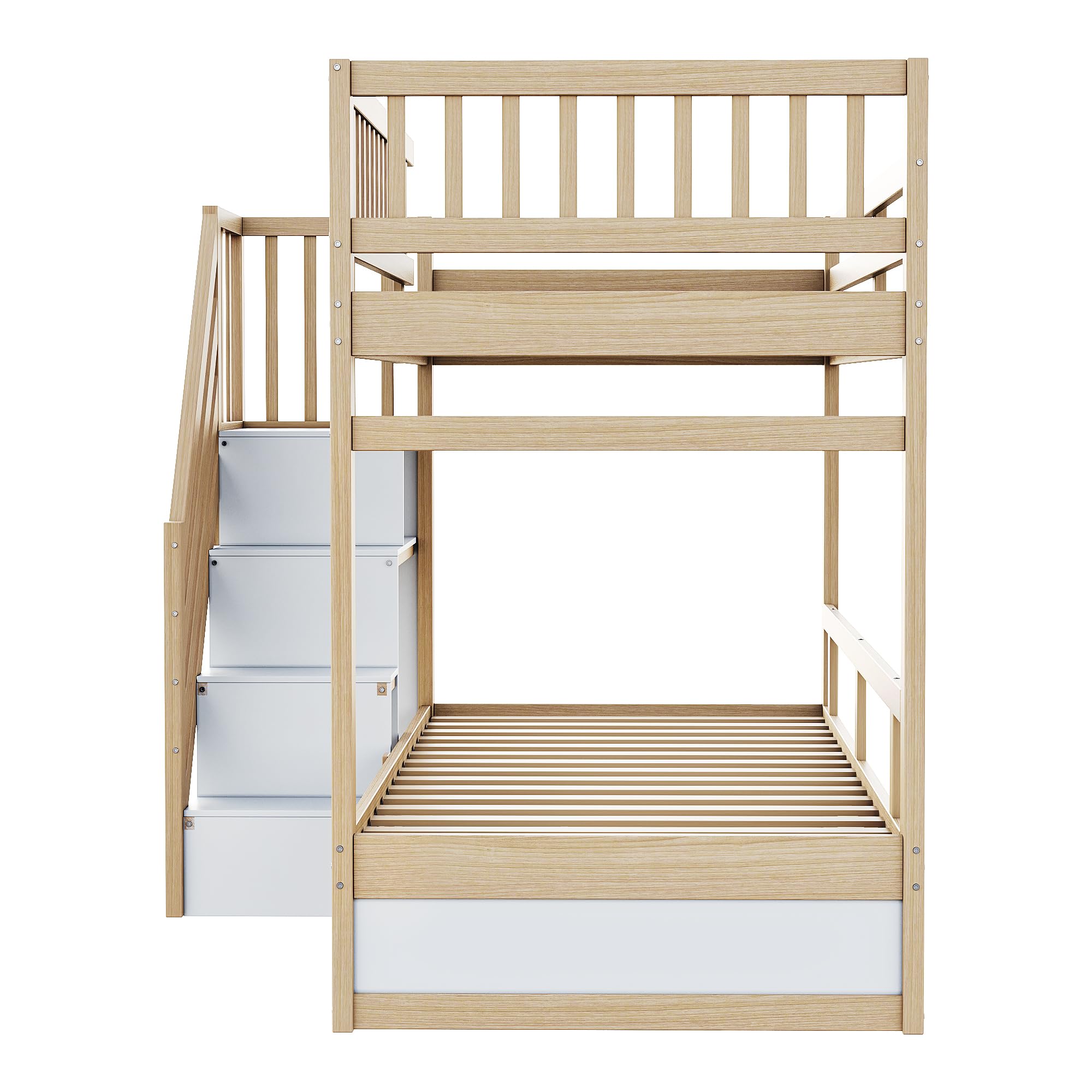 Su & Chan Legence Hochbett 90x200 cm mit Treppe, Stauraumschränken und Schublade, Etagenbett aus Massivholz mit hohem Geländer für Kinder, ohne Matratze, Holzfarbe