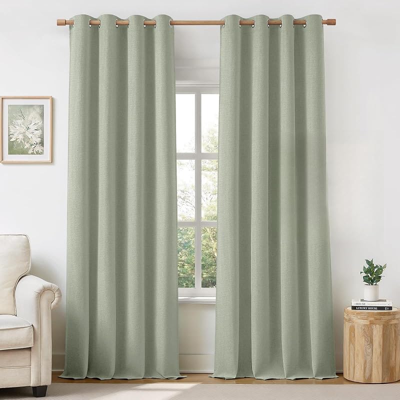 HOMEIDEAS 100% Blackout Sage Green Linen Curtains 52W x 96L 2 Panels | Faux Linen, Thermal Insulated, Blackout Grommet Window Drapes, for Bedroom, Living Room