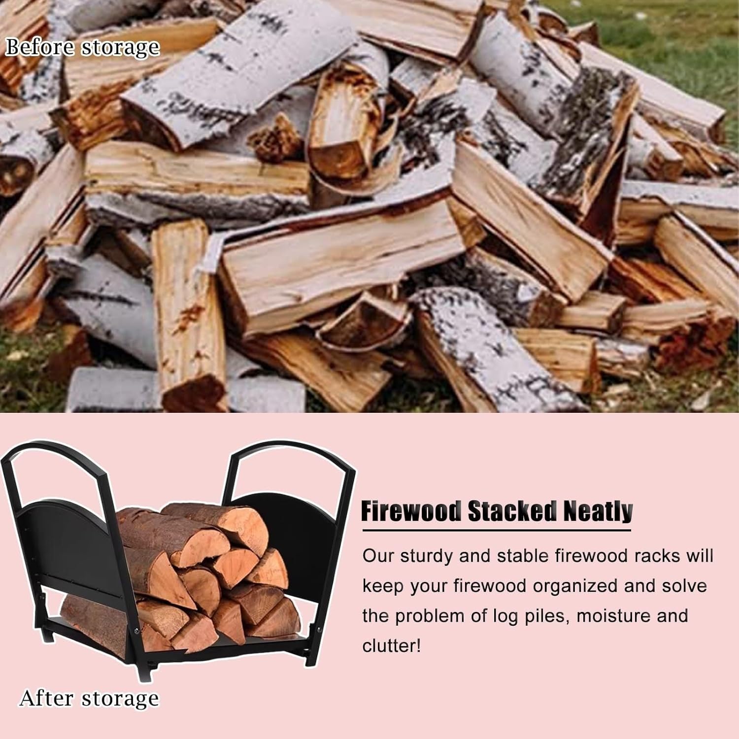 Log Holder Foldable Fireplace Firewood Rack, Metal Firewood Holder Log Carrier with Convenient Handle, Firewood Storage Stand for Indoor/Outdoor/Firepit