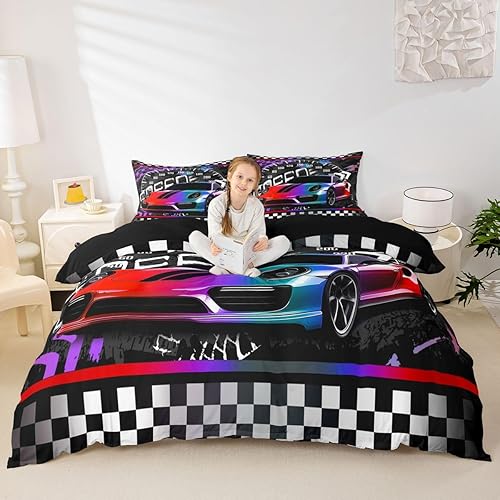 Vista 106 de Juego de ropa de cama de coche de carreras, avión, negro, gris, blanco, funda de edredón de coche deportivo de velocidad para niños, adolescentes