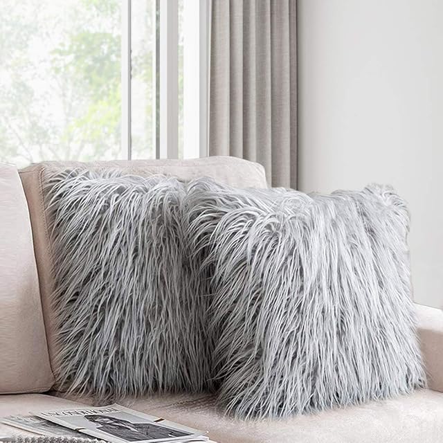 Dricar Cushion Cover 2 Pack Faux Fur Throw Pillow Case Cushion Cover, Home Bed Sofa Decorative Cushion Covers 18 x 18in (Grey)