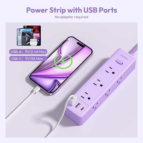 Miniatura 3 de NTONPOWER - Tira de alimentación morada, cable de extensión morado de 5 pies, 9 salidas 3 USB (1 USB C), montado, 1080J, múltiples tomas de