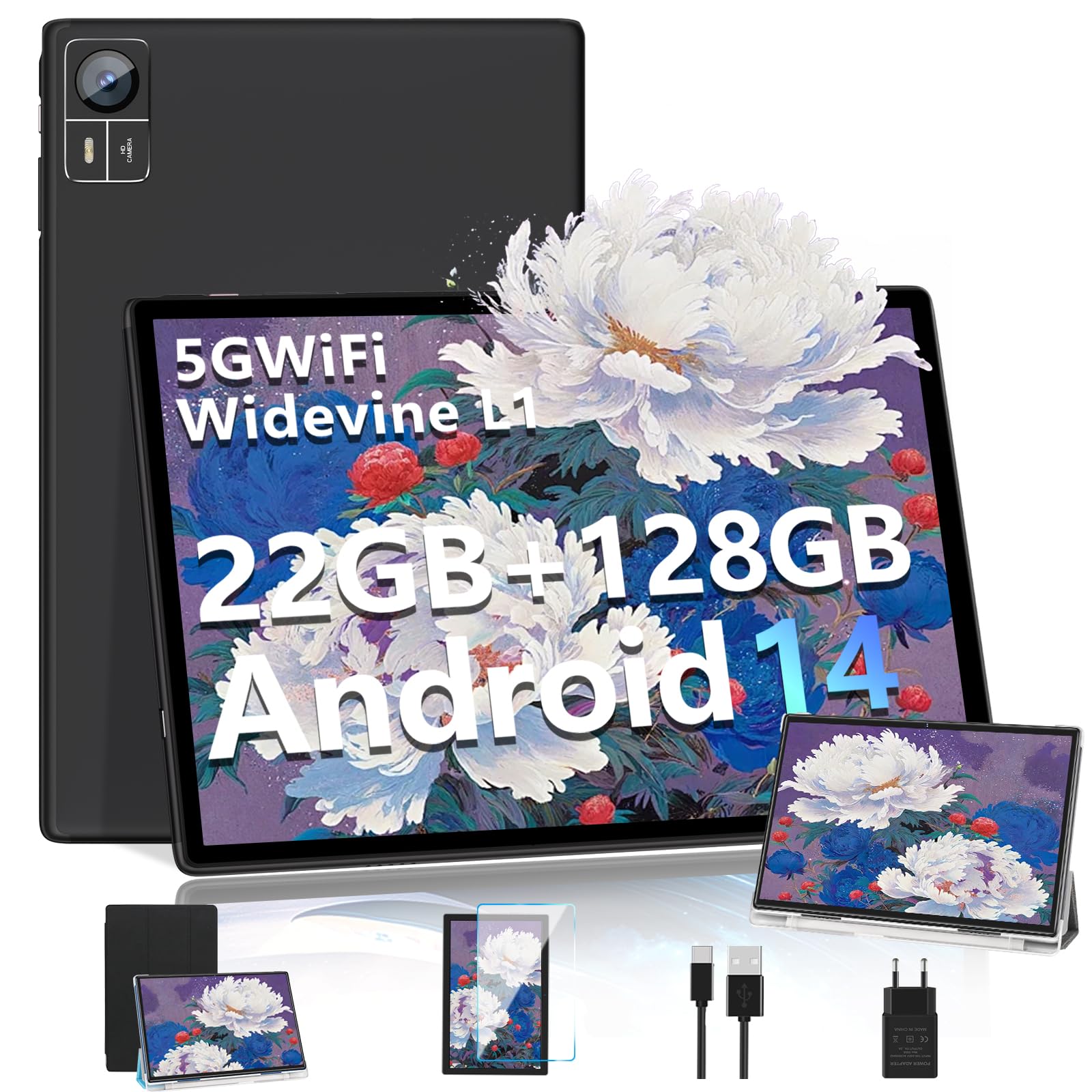 SUAAT Newest Tablet 10 Pollici 22 GB RAM + 128GB ROM (espandibile a 1TB), Android 14 Octa-Core, 1280 * 800 HD, WiFi 5G, BT 5.0, 8000 mAh, 13MP+5MP, Tablet con tastiera + Mouse + Custodia, Nero
