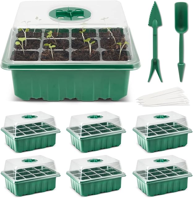 SA Products 6-Pack Seed Tray - Flower, Herbs, Vegetable Plants, House Plant, Grass Seed Propagator - Thick Plastic Tray with Clear Lid, Adjustable Window, Drain Holes - Set with Dibber, Widger, Labels