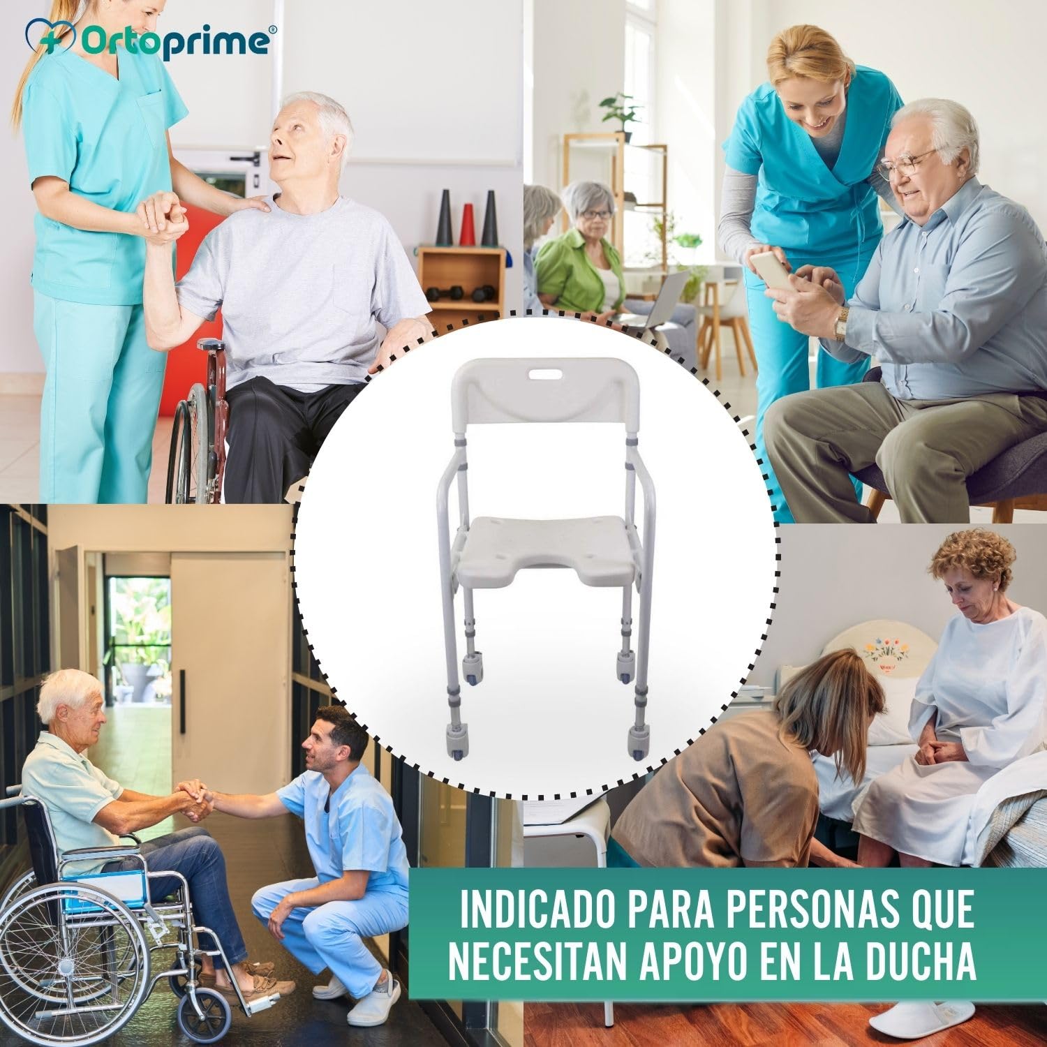 OrtoPrime Silla Ducha Personas Mayores Forma U con Ruedas Silla Baño Adultos Plegable - Silla Ducha Mayores Ortopédica - Silla de Baño Taburete Ducha para Mayores con Respaldo Altura Regulable