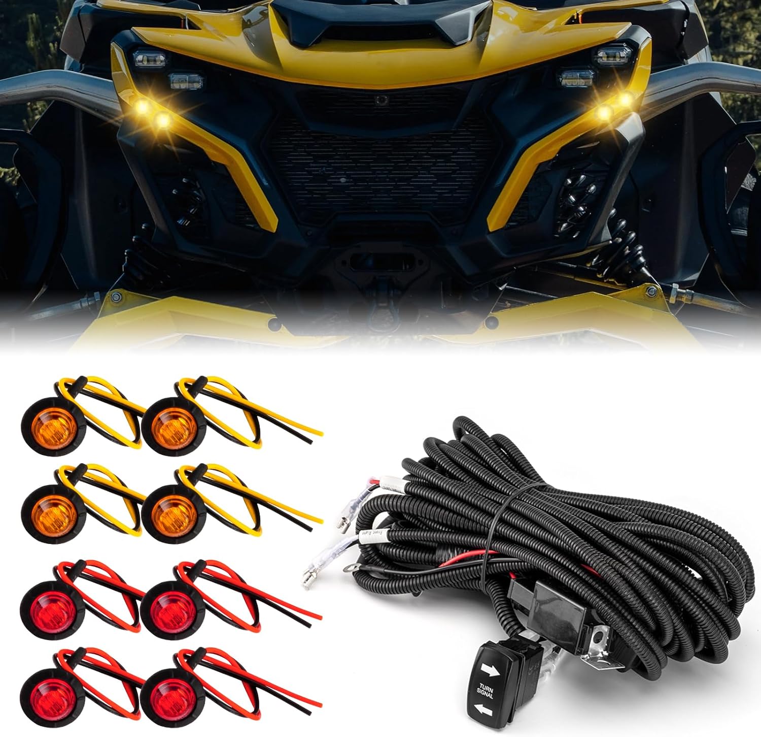 WeiSen UTV Turn Signal Wiring Harness w/ 4 Amber&Red Light Compatible with Can Am Fit Polaris Ranger Talon, Universal Street Legal ATV Blinker Kits with Rocker Switch